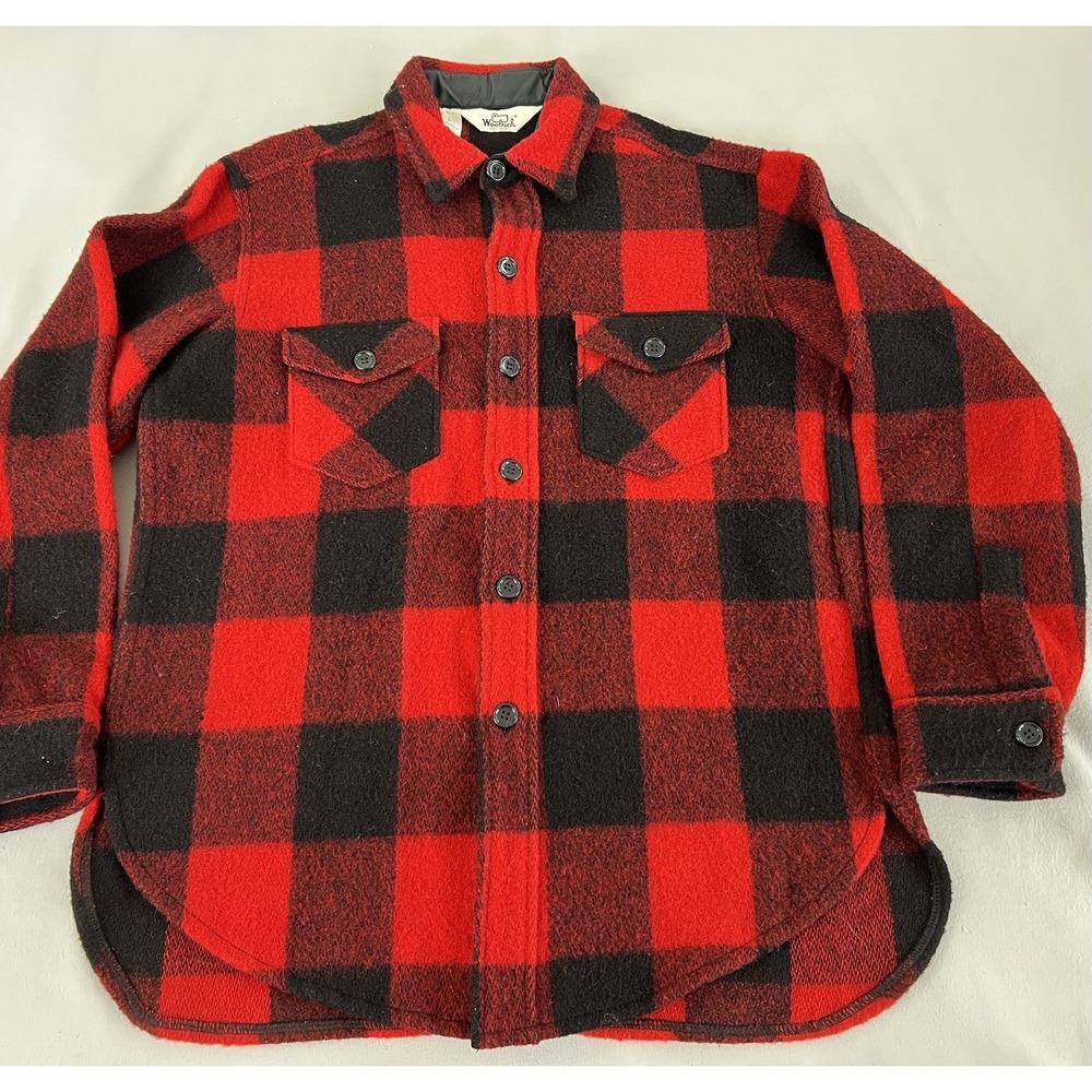Vintage‎ Woolrich Large Shirt Jacket Mens Medium Black Red Plaid Heavy Y2K